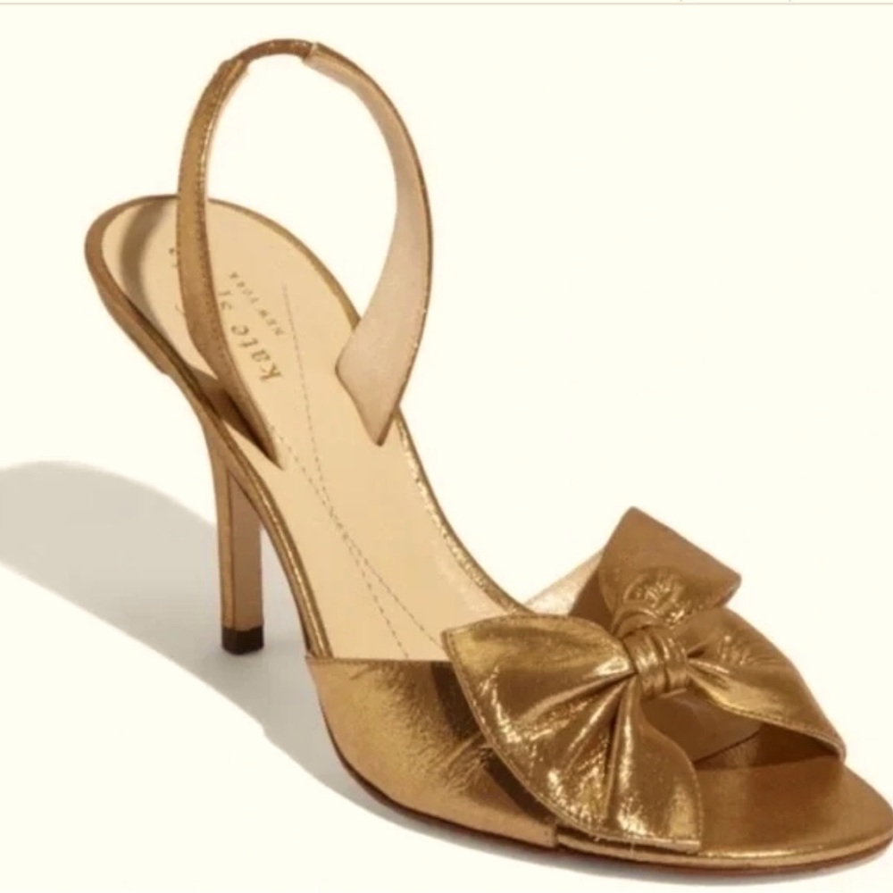 Kate Spade NY « Lora » Bow Metallic Bronze Gold Liquified Suede Sling Back Heels